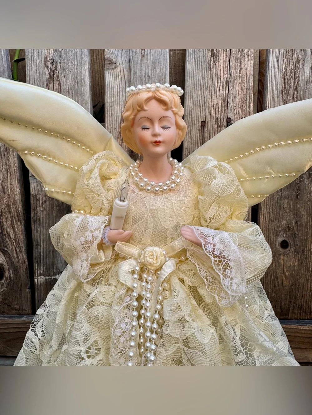 Rare Vintage House of Lloyd Lighted Angel Tree Topper Cream Lace & Pearls